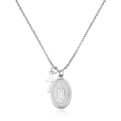 Imagen de GD GOOD.designs Collar Maria en Plata para Señoras Impermeable de Madonna con Colgante Cruz Pequeña Acero Inoxidable I Talla Ajustable 40+5cm