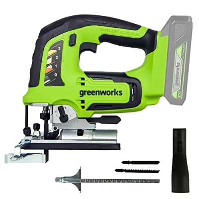 Imagen de Greenworks GD24JS Sierra de Calar a Batería, 3000spm, Base Ajustable hasta 45, Accesorio Aspiración, SIN Batería 24V y Cargador, Garantía 3 Años
