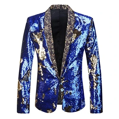 Imagen de PYJTRL Hombres Elegante Dos Colores conversión Brillante Lentejuelas Chaqueta Traje (M, Azul Real + Oro.)