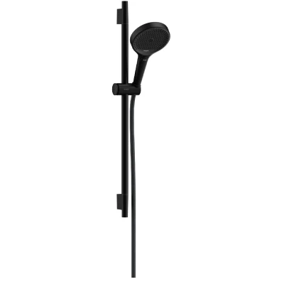 Imagen de hansgrohe Rainfinity, set de ducha ahorro agua, mano (EcoSmart) con barra 65cm, soporte y Designflex flexo textil 160cm, 3 tipos chorro, negro mate