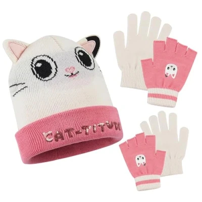 Imagen de Gabby&#039;s Dollhouse Conjunto de Gorro y Guantes Invierno para Niñas (Rosa/Blanco)