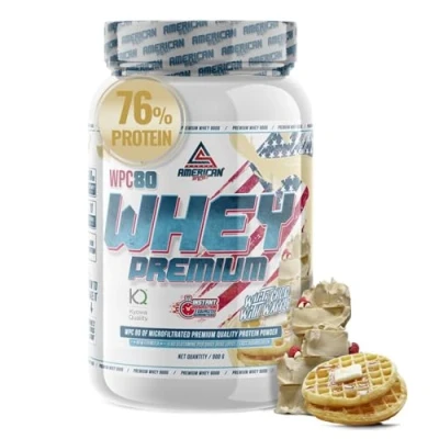 Imagen de AS American Suplement Premium Whey Protein Proteína de Suero Leche Aumentar Masa Muscular Alta Concentración WPC80 Kyowa Quality® (900 gr, Choco Blanco con Gofre)