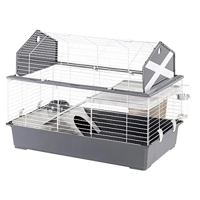 Imagen de Ferplast Jaula Conejos Barn 100 Hábitat Interactivo en 2 Niveles, Techo Abrible Puerta y Escalera Accesorios Incluidos, Fácil Limpieza Eco Sostenible 96 x 57 h 73 cm