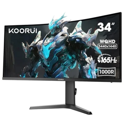 Imagen de KOORUI Monitor Gaming Curvo, Pantalla Ordenador 34 Pulgadas 165Hz, 1MS, 1000R, WQHD 3440x1440, VA, DCI P3 90%, Adaptive Sync, 2xHDMI 100Hz &amp; Display Port VESA 75 * 75mm