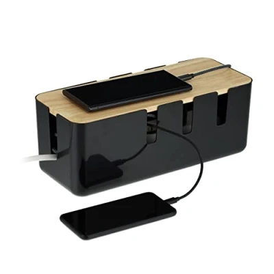 Imagen de Relaxdays Caja de Cables, para 2 regletas enchufes, Tapa Madera, plástico, ocultacables, 11,5x30,5x12,5 cm, Negro