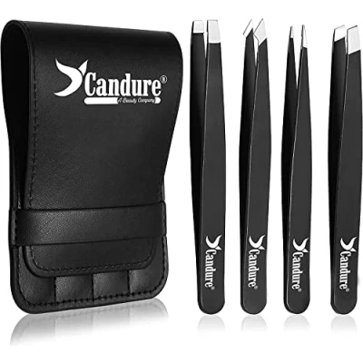 Imagen de Candure Pinzas Depilar Profesionales Pinza de Pelo Acero Inoxidable Punta para Pelos Faciales, Espinillas y Astillas Juego 4 Puntiagudo Inclinado Plano Inclinada puntiaguda
