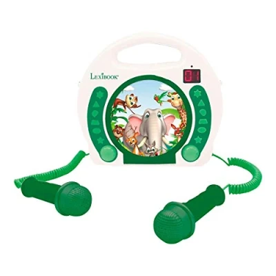 Imagen de Lexibook Reproductor de CD portátil animales con micrófonos, mango, programación, repetición, karaoke, selva, conector para auriculares, niño, niña, blanco/verde, RCDK100ANX
