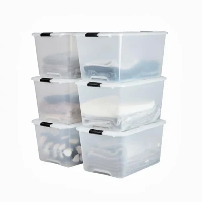 Imagen de Iris Ohyama 6 Cajas de almacenaje con tapa y cierres a presión, 45L, Transparente, apilables, encajables, contenador para ropas, juguetes, hogar, oficina armario, organizar espacio, plástico, TBH 45