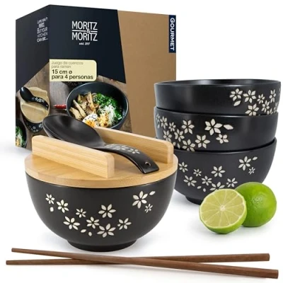 Imagen de Moritz &amp; Juego de 4 cuencos para ramen (cerámica, 600 ml, diámetro: 15 cm, color negro, personas, sopa, Pho y Sushi Bowl, con palillos, tapa cuchara