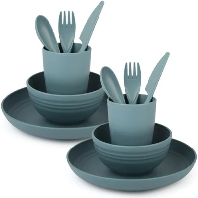 Imagen de Belle Vous Vajilla camping Set de picnic con platos platos,vasos Y cubiertos Apto Para Microondas Lavavajillas Menaje verde azulado
