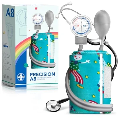 Imagen de AIESI® Esfigmomanometro Manual Pediatrico profesional aneroide tensiómetro clásico con estetoscopio plano y brazalete de colores para ninos PRECISION A8, Garantía 24 meses