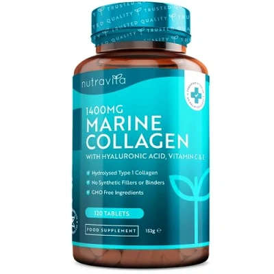 Imagen de Colágeno Marino 1400mg con Ácido Hialurónico 100mg 120 Comprimidos Potentes Suplementos de Hidrolizado Vitamina C, E, B2, Zinc, Cobre Nutravita