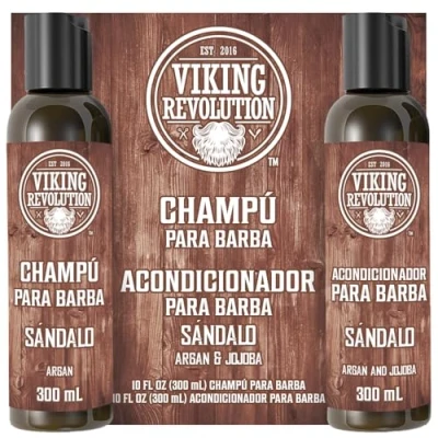 Imagen de Viking Revolution Juego Champú y Acondicionador Para Barba con Aceites de Argán Jojoba Hombre que Suaviza Fortalece Aroma Natural Sándalo 2 x 300 ml