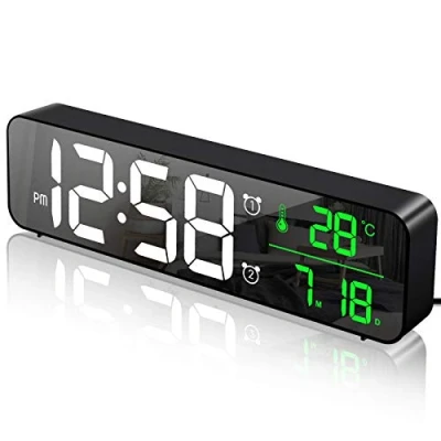 Imagen de MOSUO Reloj Despertador Digital, de Pared con Temperatura Tiempo Fecha, 10&quot; Gran Pantalla LED Espejo Digital 2 Alarma 40 Música 6 Niveles Brillo USB Puerto, Negro