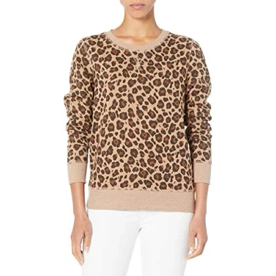 Imagen de Amazon Essentials Sudadera de Cuellocaja Forro Polar y Tejido Rizo Francés (Disponible en Tallas Grandes) Mujer, Camel Estampado Leopardo, S