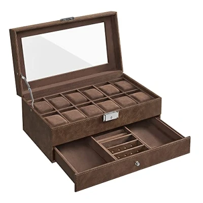Imagen de SONGMICS Caja de Reloj, Estuche Reloj con Tapa Cristal 2 Niveles para 12 Relojes, Cerradura, 1 Cajón, Anillos Pulseras, Regalo Ideal, Cuero Sintético Marrón, Forro Marrón JWB012K01