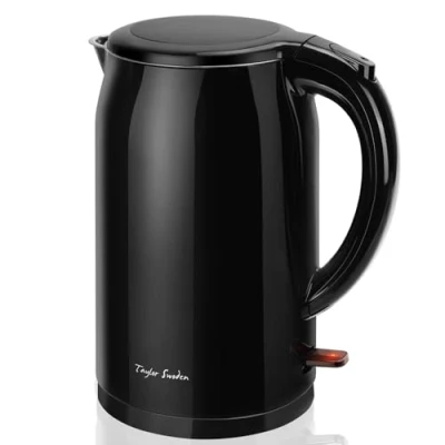 Imagen de Taylor Swoden Hervidor agua Electrico pequeño 1,5 Litros, Eléctrico con Aislamiento de Doble Pared, Sistema Seguridad, Libre BPA, Base 360º, 2200 W, Acero Inoxidable, Negro