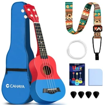 Imagen de CAHAYA Soprano Ukelele Para Niños De Cuatro Cuerdas 21 Pulgadas Madera Tilo Ideal Como Regalo Incluye Bolsa Transporte, Rojo Azul