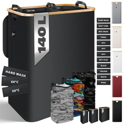 Imagen de KESSER® cesto de ropa con tapa plegable, caja ropa, lavandería Recogedor bolsas extraíbles Clasificador instrucciones lavado (Negro, 140 L)