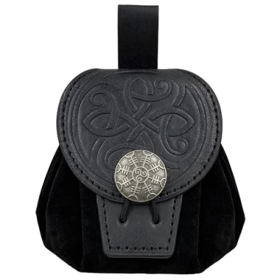 Imagen de HiiFeuer Medieval en Relieve de Cuero imitación Bolsa Cinturón, Retro Renacimiento Cinturón Portátil Monedero Dados para Larp REN Faire（Negro B）