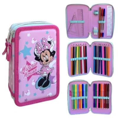 Imagen de CARTOON Estuche multicompartimento con 3 cremalleras para la escuela, 44 piezas, bolígrafos, lápices de colores, rotuladores Giotto, Minnie., Estuches