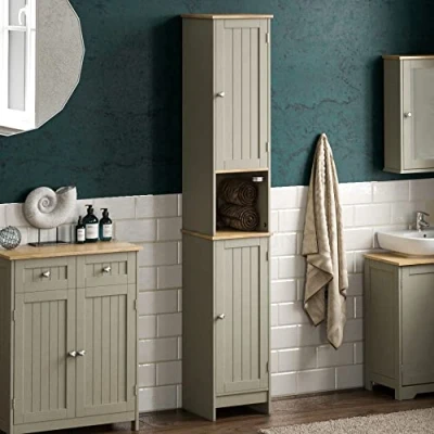 Imagen de Bath Vida Priano Armario de Almacenamiento Madera para baño, Color Gris y Roble, ingeniería, H : 170 W 32 D 30 Approx