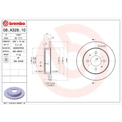 Imagen de BREMBO 08.A328.10 Disco de freno 236 10 4 macizo MITSUBISHI: Lancer 6 Limousine, Carisma Berlina, Hatchback