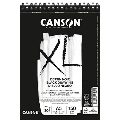 Imagen de Canson XL, Papel de dibujo Negro, Doble cara: Granulada y lisa, 150g, Espiralados sobre el lado corto, A5 14,8x21cm, 20 Hojas