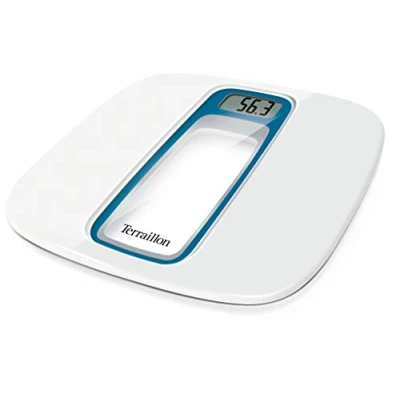 Imagen de Terraillon Báscula personal electrónica, encendido/apagado automático, pantalla LCD grande, 160 kg, ventana, blanco/azul