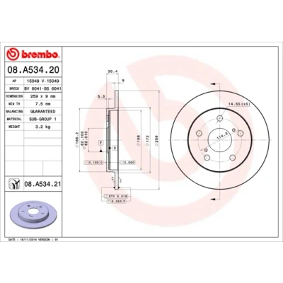 Imagen de BREMBO COATED DISC LINE 08.A534.21 Disco de freno 259 9 5 macizo revestido TOYOTA: Auris Hatchback, Corolla X Berlina