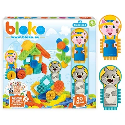 Imagen de BLOKO Estuche 50 BIoko con 2 Figuras temáticas de los 3 cerditos y el Lobo a Partir 12 Meses Fabricado en Europa Juguete construcción 1ª Edad 503709