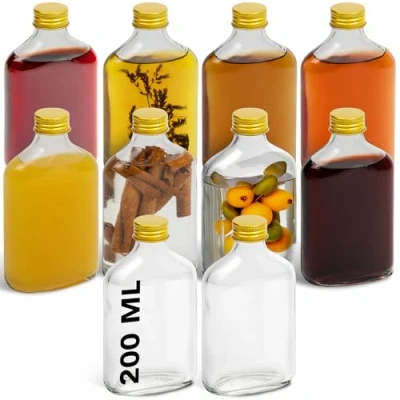 Imagen de HEFTMAN Flask botellas de vidrio pequeñas, paquete 12 vacías 200 ml con tapas doradas, herméticas, reutilizables, tapa, perfectas para ginebra, vino, vinagre, bebidas