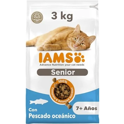 Imagen de IAMS Alimento seco para gatos de edad avanzada con pescado oceánico, comida seca senior más 7 año, 3 kg