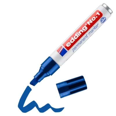 Imagen de edding No. 1 marcador permanente azul rotulador punta biselada 5 mm resistente al agua, roce, secado rápido multiuso, de bolsillo para cartón, plástico, madera, metal, vidrio