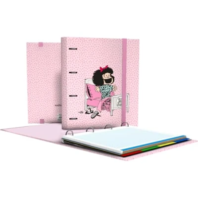 Imagen de Grafoplás Carpeta A4 con Anillas Troqueladas Recambio y Separadores Mafalda Morning Hojas 90g Cuadriculadas 5x5 Borde Color Sobre Transparente Carpebook Perfecto Material Escolar