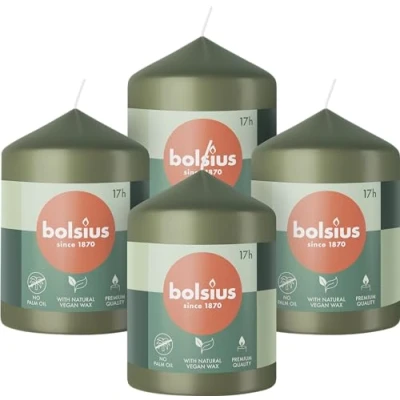 Imagen de Bolsius Velas de pilar Verde Paquete 4 8 x 6 cm decorativas para el hogar Larga duración combustión 17 horas Sin perfume Cera vegana natural aceite palma