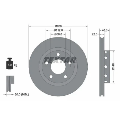Imagen de TEXTAR 92098400 Disco de freno 269 22 05/05 112 ventilación externa sin perno sujeción rueda, buje rueda AUDI: A8 D3, D2