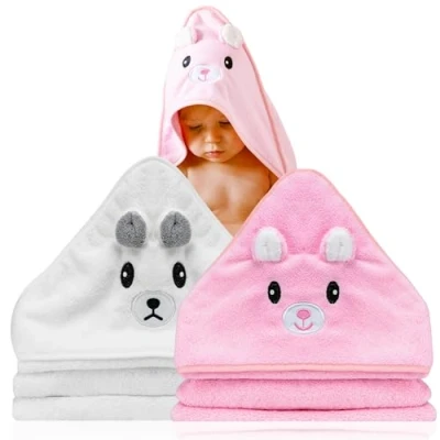 Imagen de 2 Unidades Toalla bebe Regalo recien nacido niño Toallas con capucha de animales 0 3 años Albornoz baño Capa Regalos para bebes recién nacidos (Blanco / Rosa)