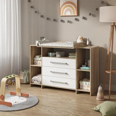 Imagen de Vicco Cómoda Cambiador Oskar, Blanco/Sonoma, 143 x 100 cm XL con cajones