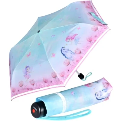 Imagen de Knirps 4Kids Paraguas de bolsillo para niños con ribete reflectante, Unicornio turquesa rosa, 90 cm, Abrebotellas mano