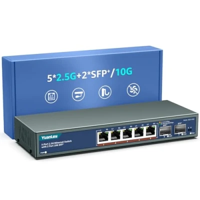 Imagen de 7 Puertos 2.5G Switch Ethernet Umanaged, 5 Base T, 2 10G SFP, Compatible 10/100/1000Mbps, Fanless Pared Conmutador de Red YuanLey 2.5Gbe para AP Inalámbrico, NAS, PC