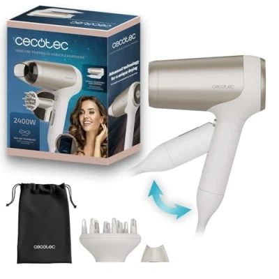 Imagen de Cecotec Secador de Pelo Plegable IoniCare Power&amp;Travel Champagne. 2400W, Motor DC, Tecnología Iones Reales, Compacto, Aire Frío, Incluye Difusor, Boquilla Concentradora y Bolsa Transporte