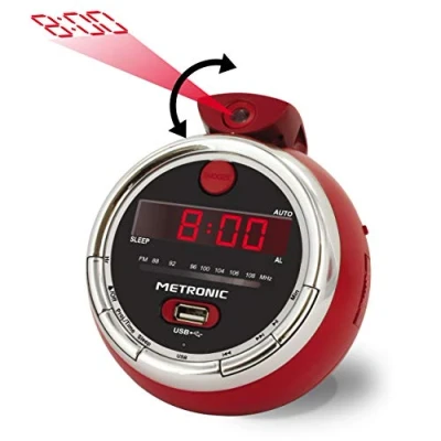 Imagen de Metronic 477024 Despertador Proyector Juicy, con Puerto USB, y Alarma Tradicional, Rojo