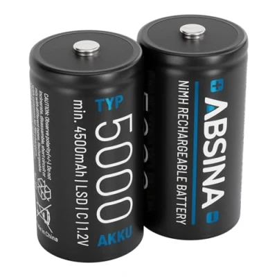 Imagen de ABSINA 2X Baterías Recargables C Baby LR14 5000 con Baja Autodescarga Pilas NiMH 1,2V y al Menos 4500mAh Pila Recargable C, batería Tipo Type