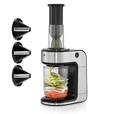 Imagen de WMF Kult X Espiralizador, Cortador Eléctrico En Espiral, 80 W, 1.25 Litros, acero inoxidable 18/10, Cromargan, tres estilos diferentes de fideos vegetales
