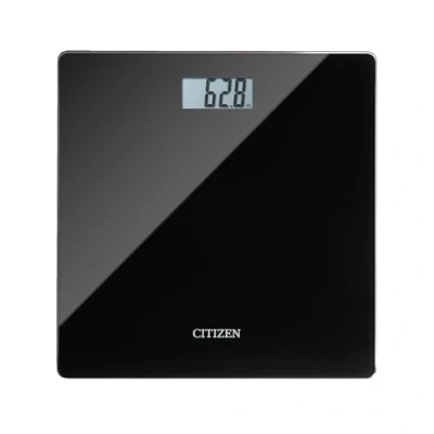 Imagen de Báscula digital blanca/negra HMS324 de CITIZEN. Comparador resultados medidas anteriores, diseño estilizado con tecnología Step On, pantalla LCD y cristal alta resistencia.