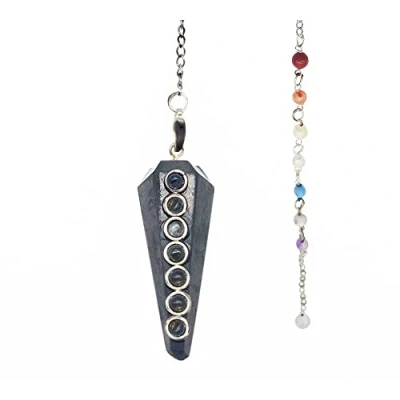 Imagen de DOJA Barcelona Pendulo Shungit Chakras con 7 Piedras Naturales Curativas + Piedra Shungita Natural Colgante Pendulos Adivinacion, Radiestesia, Meditacion, Equilibrio Reiki