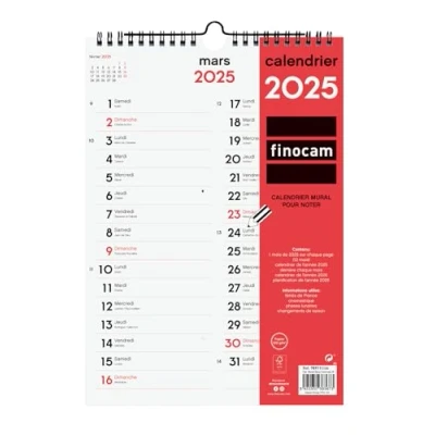 Imagen de Finocam Calendario neutro mural para escribir dos columnas 2025 1 mes por página enero diciembre (12 meses) francés