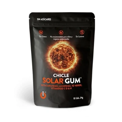 Imagen de WUGUM Chicle Solar Funcional para activar el bronceado y ayudar a la renovación celular Sabor Tropical Consumir 10 minutos antes de exposición al Sol Contiene chicles
