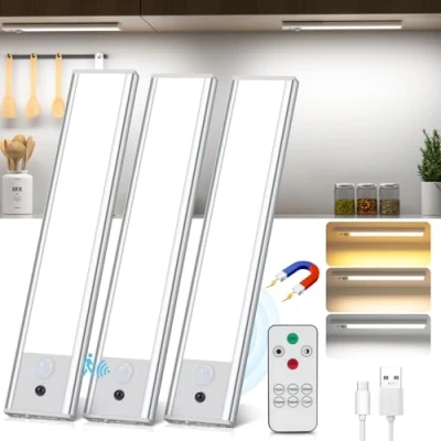 Imagen de TOPPLEE Luz de Armario, 3 Piezas Nocturna con Control Remoto, 3000K 6500K Regulable Lampara LED Sensor Movimiento, USB Recargable Armario para Gabinete, Cocina, Escalera, Pasillo